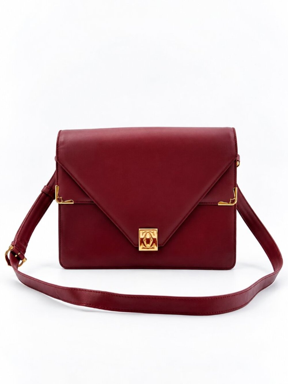 Vintage Cartier Burgundy Leather Shoulder Bag Crossbody Gold Hardware Flap